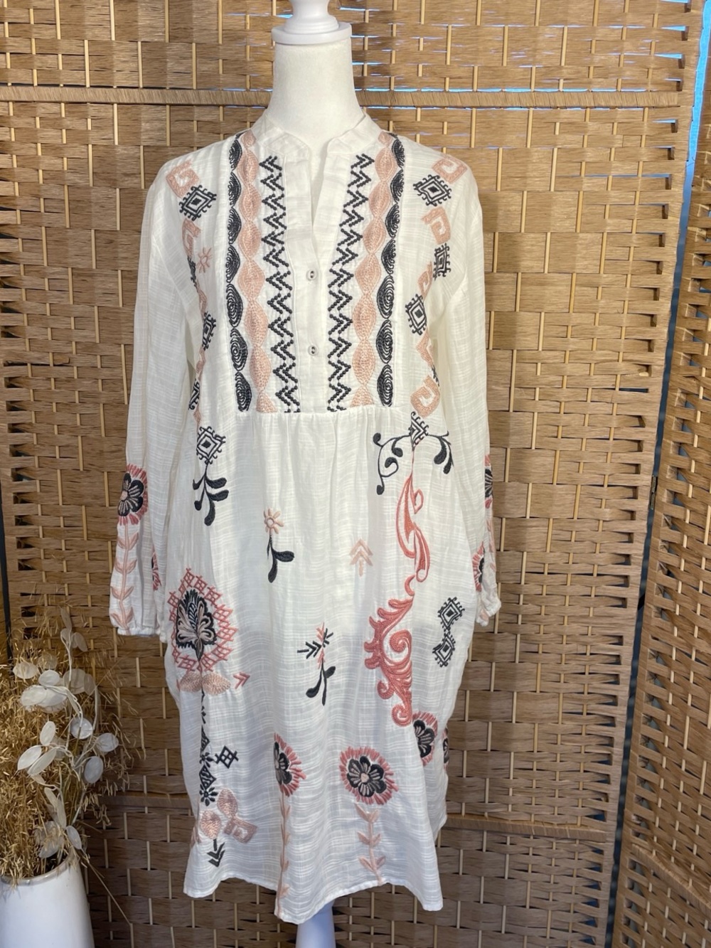 Johnny Was Workshop Button Yoke Bellania White Cotton Blend Dress